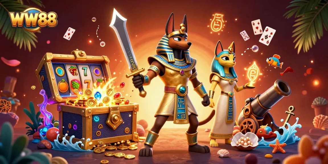 Win big at WW88 with an energetic 3D scene featuring Anubis and Bastet amidst casino treasures.