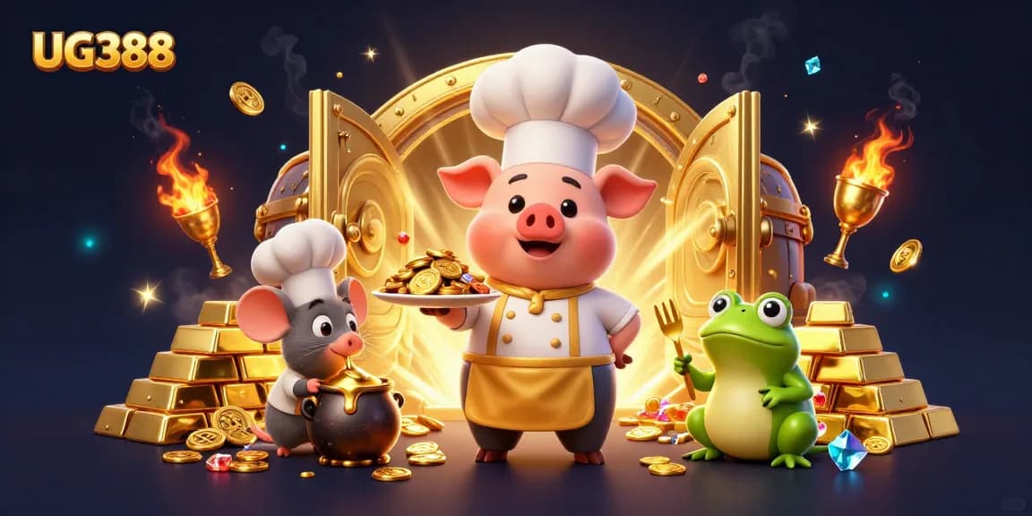 Experience thrilling gaming at UG388 with vibrant characters celebrating wins and gold treasures.