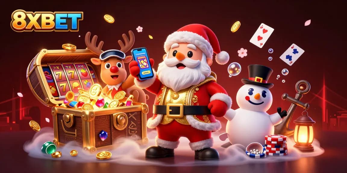 8XBET Santa Claus and friends enjoying jackpot slots in a vibrant casino-themed illustration.