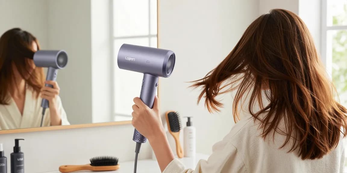 Laifen Föhn für perfektes Styling im modernen Badezimmer mit natürlichem Licht.