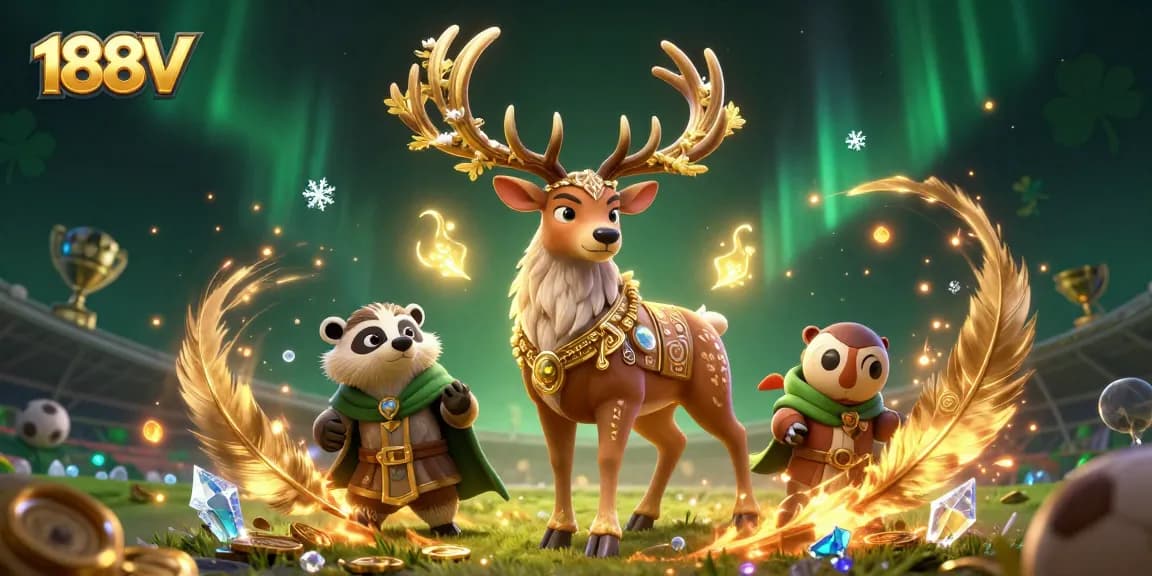 Bet on exciting sports events at 188V, featuring a Celtic druid stag and wise badger in a magical casino scene.