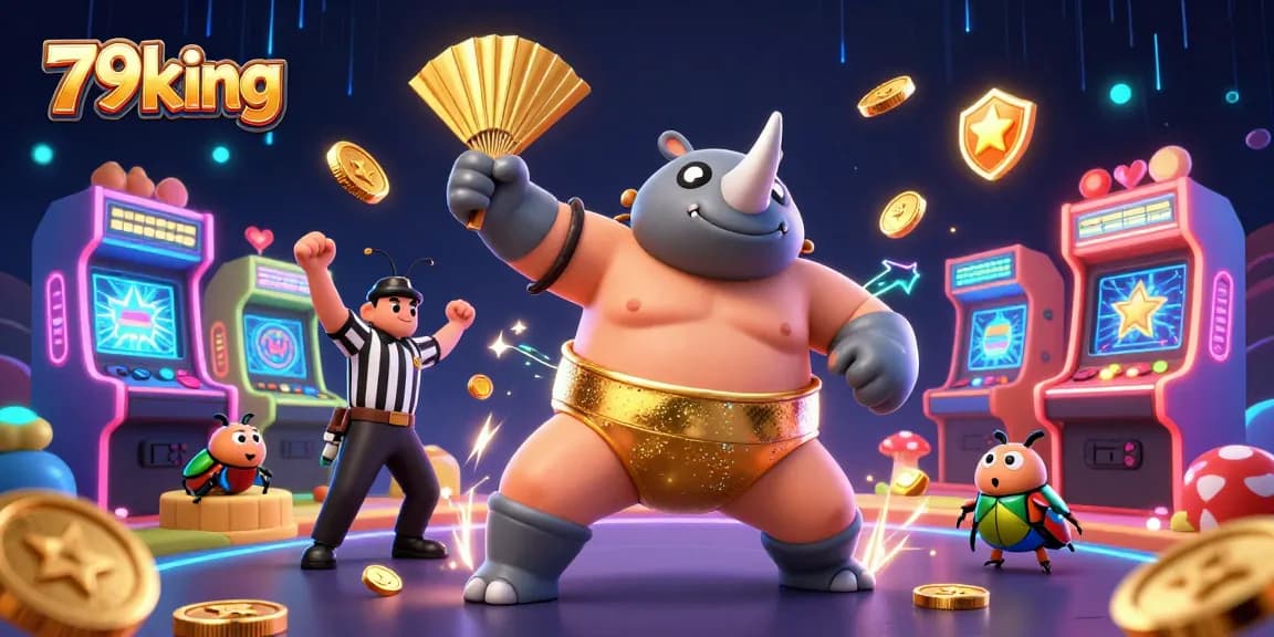 A dynamic scene showcasing a sumo beetle champion at 79king, surrounded by arcade elements, golden coins flying