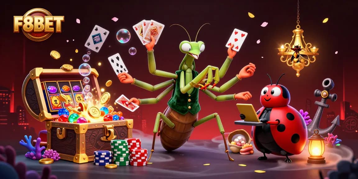 Engage with F8BET's dynamic casino illustration highlighting card games and jackpot excitement.