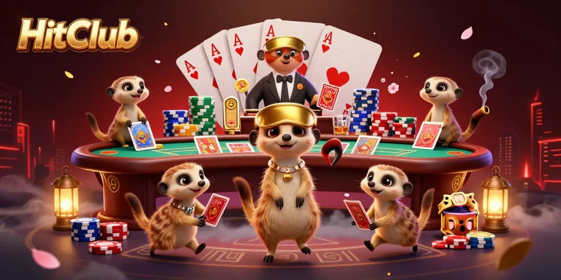 HitClub meerkats engaging in a lively poker game with vibrant casino elements.