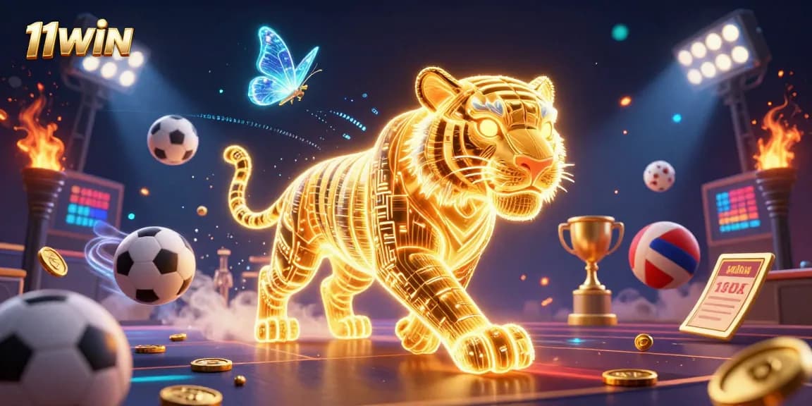 Engage with 11WIN's vibrant casino experience featuring neon tiger, sports elements, and dynamic betting atmosphere.