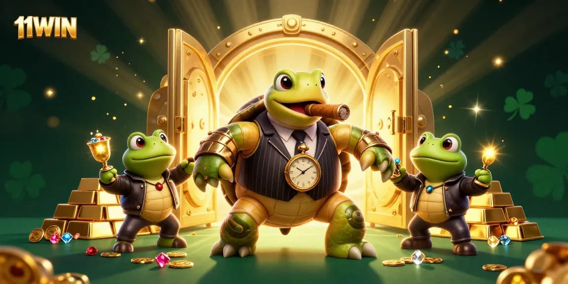Experience thrilling wins with 11WIN, featuring cartoon turtle mobsters on a vibrant casino floor.