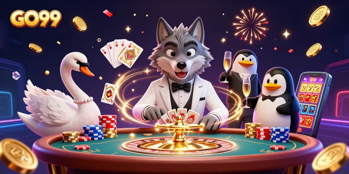 Engage with GO99's vibrant casino scene featuring a sophisticated baccarat table and thrilling game elements.