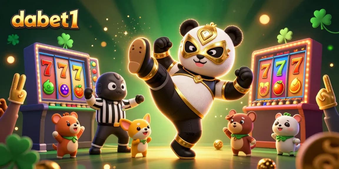 dabet1 showcases an energetic panda wrestler kicking in the casino with vibrant slot reels