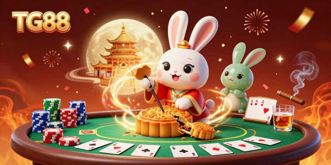Dive into the excitement of TG88 gaming with a vibrant 3D scene featuring a moon rabbit and poker elements.