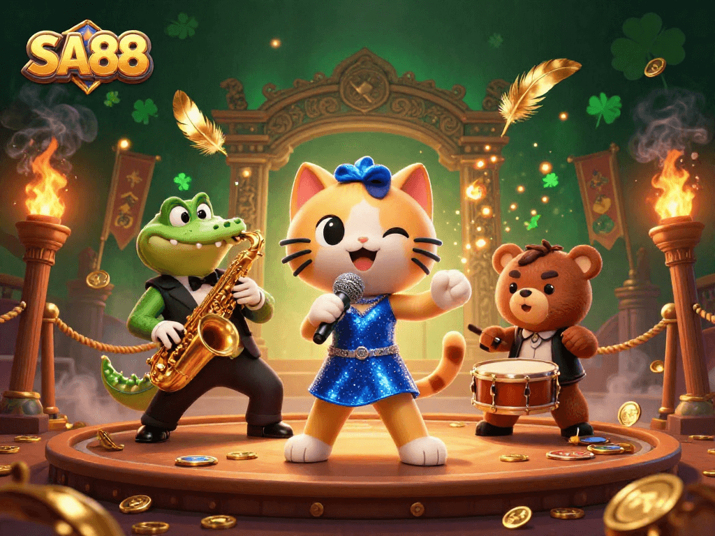 Experience thrilling gameplay with SA88 in a vibrant casino scene featuring musical characters.