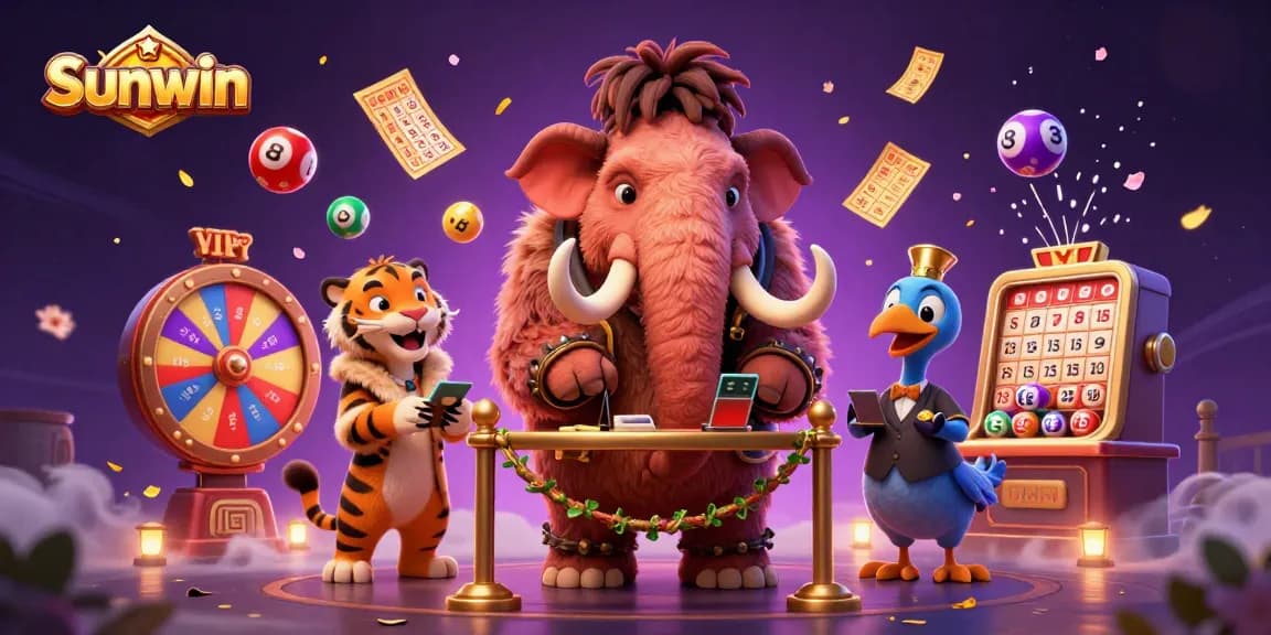 Sunwin showcases a dynamic casino scene with vibrant elements and entertaining characters.