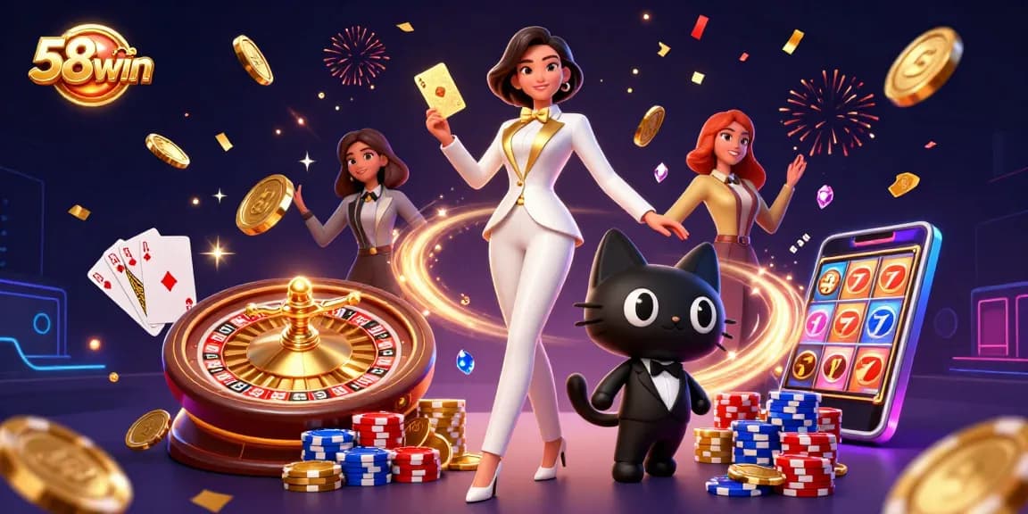 Experience thrilling games at 58win, featuring a glamorous lady and a playful cat amidst a vibrant casino scene.
