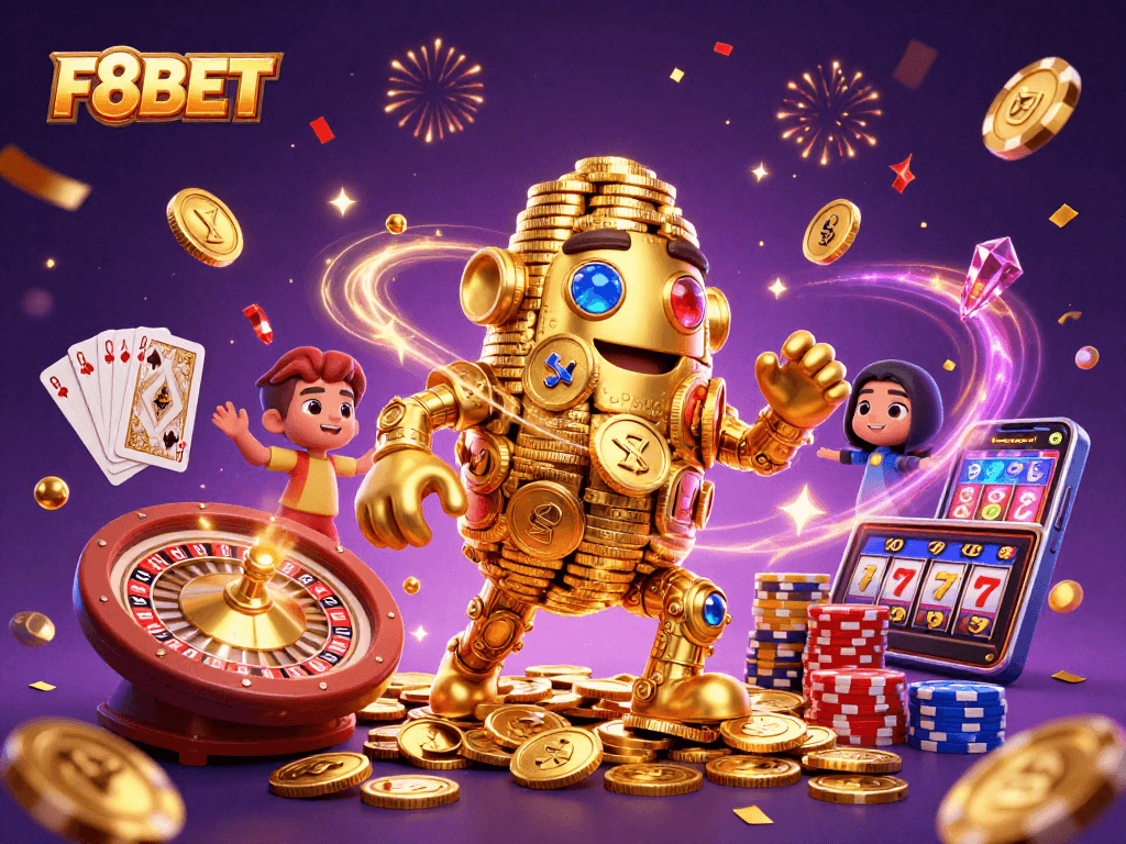 Experience the thrill of winning at F8BET with vibrant casino elements and dynamic characters.