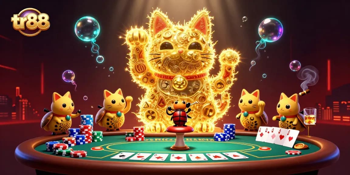 Experience thrilling gameplay and excitement at tr88 with a vibrant lucky cat and poker scene.