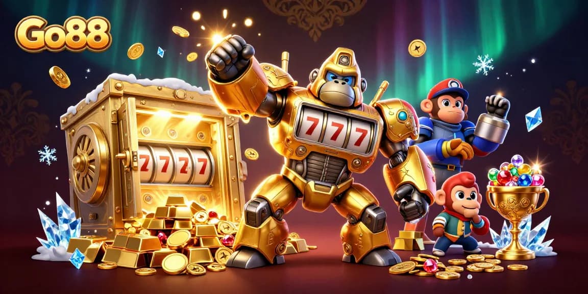 Experience Go88 fun with a golden gorilla mech bursting with coins in a spectacular casino setting!