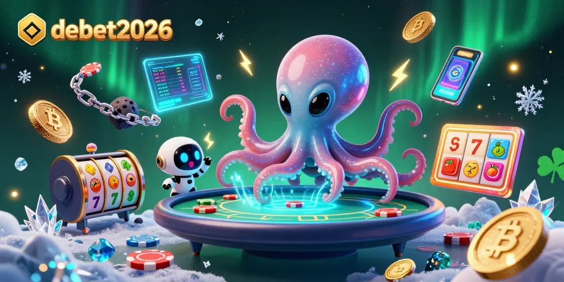 Engage with debet2026 in this vibrant 3D illustration featuring alien gambling characters and holographic casino elements.