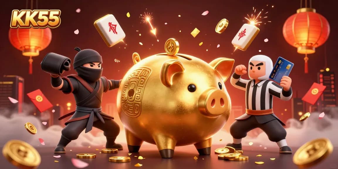 KK55 depicts an epic sumo wrestler and ninja characters battling amidst golden treasures and festive symbols.