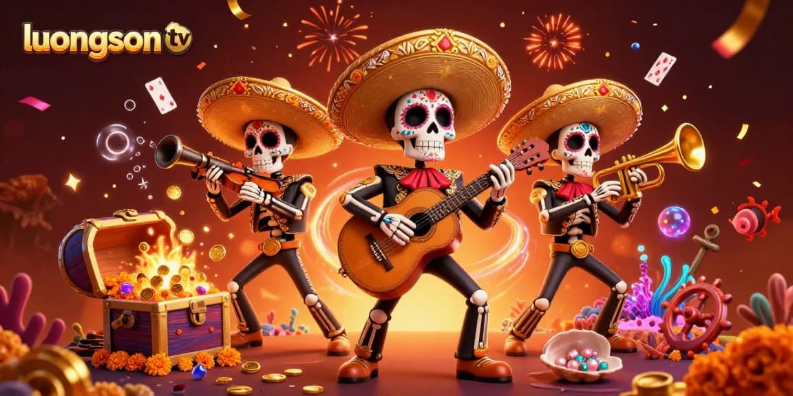 Experience exciting slot games with luongson tv's vibrant illustrated scene of skeleton mariachi musicians.