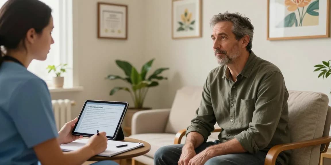 Beratungsgespräch zu Cannabis bei Schmerzen und Depression mit einem Patienten in einem einladenden Raum.