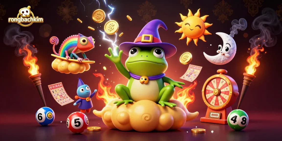Watch Rồng Bạch Kim's wizard frog conjure golden coin storms in this vibrant lottery scene.