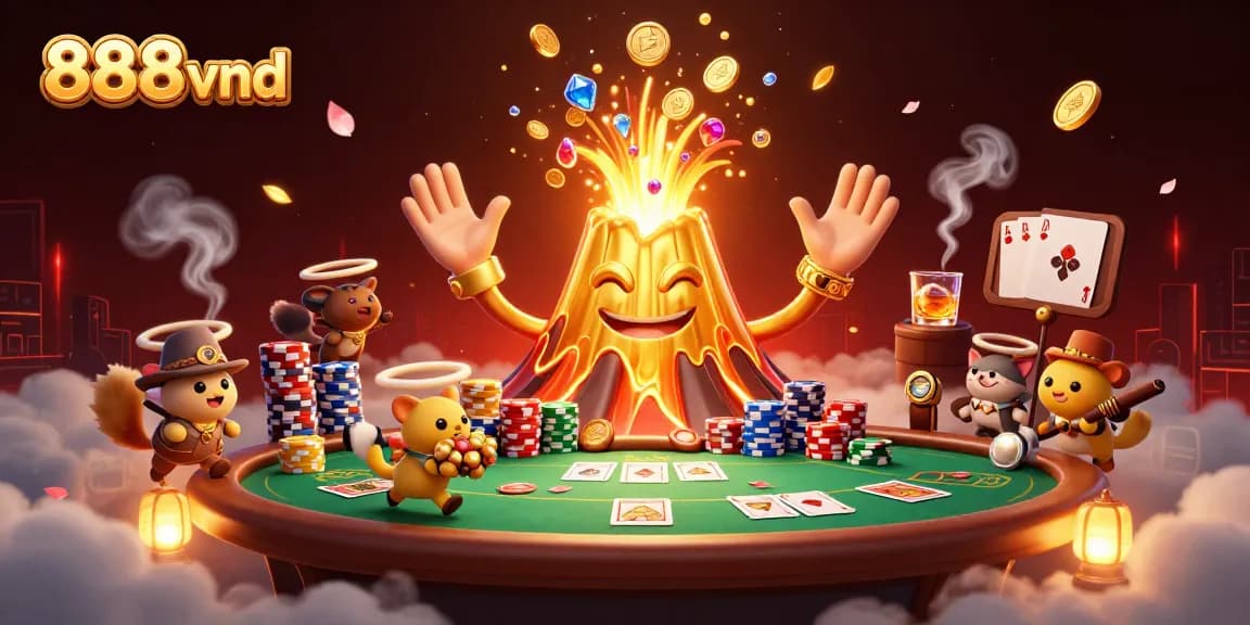 Experience thrilling wins at 888vnd with an energetic casino adventure showcasing golden treasures and poker excitement.