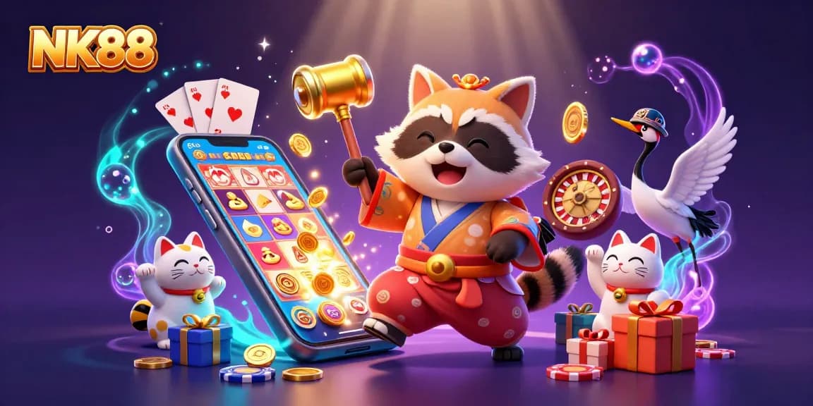 Engage in thrilling gameplay with NK88 as colorful slot reels and lucky symbols come alive in a vibrant 3D scene.