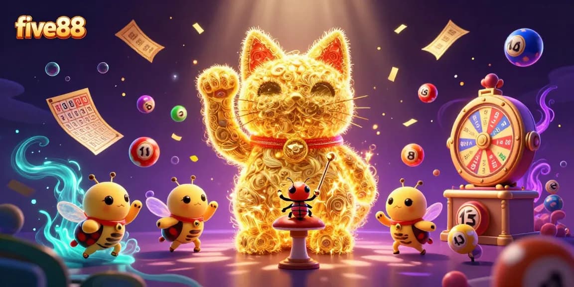 Join in the excitement at five88 with a vibrant casino illustration showcasing a lucky cat and thrilling game elements.