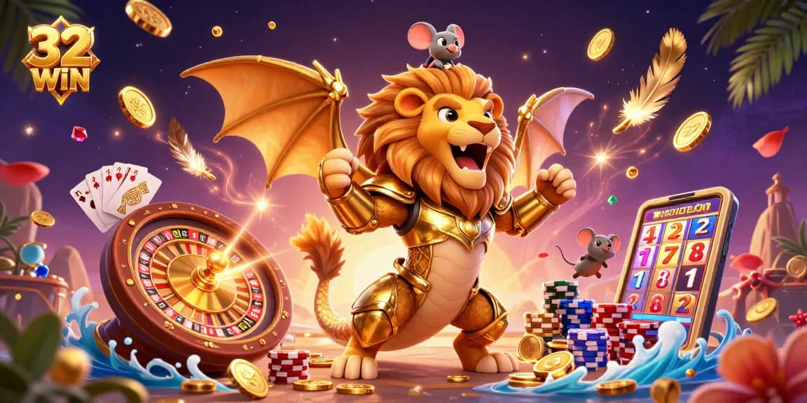 Engage with the 32WIN gameplay while witnessing a 3D chimera in a casino scene bursting with excitement and golden treasures.
