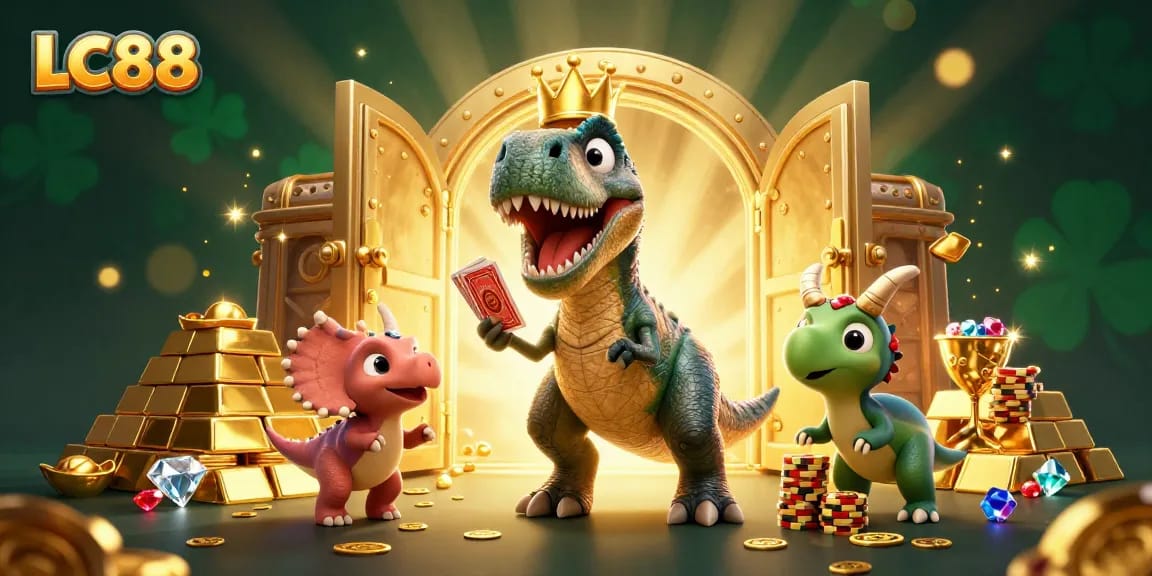LC88 illustration featuring T-Rex shuffling cards with golden chips and treasure around.