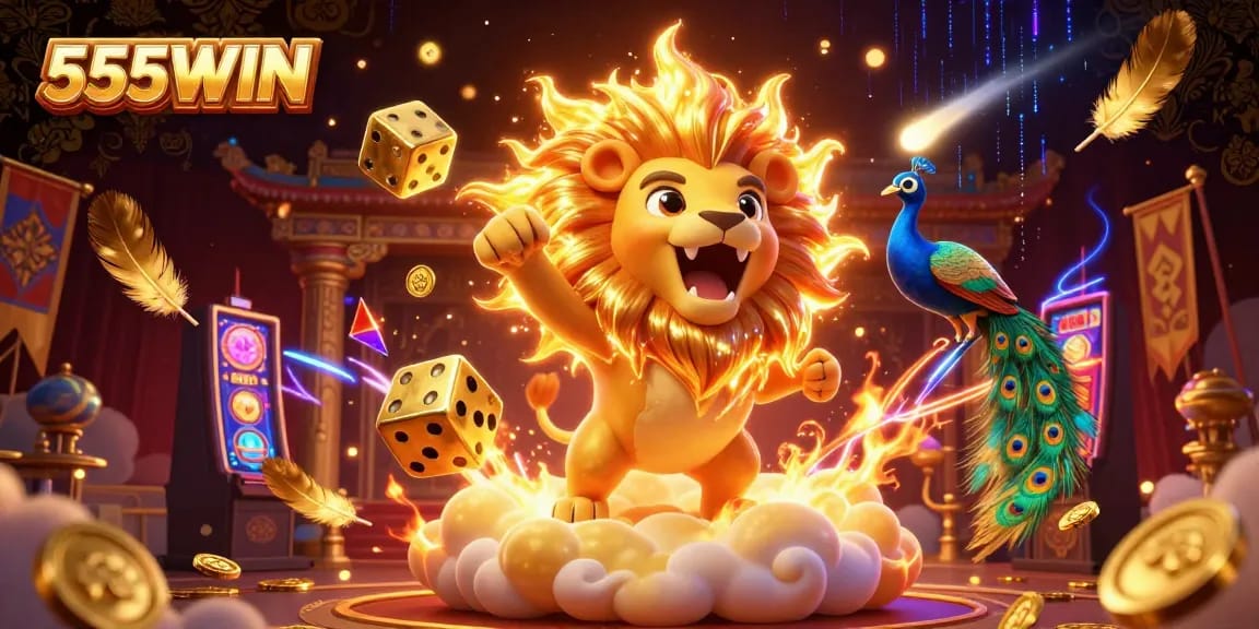 Experience thrilling slots gameplay and golden wins with 555WIN's triumphant sun lion and cosmic elements.