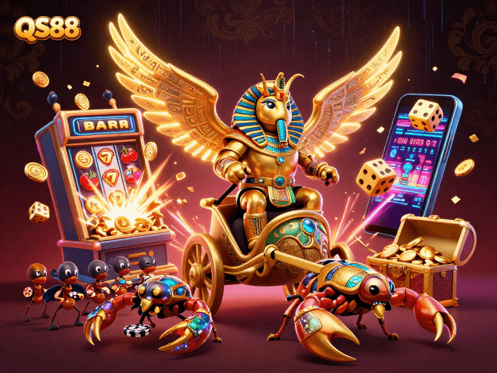 Experience the excitement of QS88 with a vibrant 3D casino scene filled with action and winning vibes.