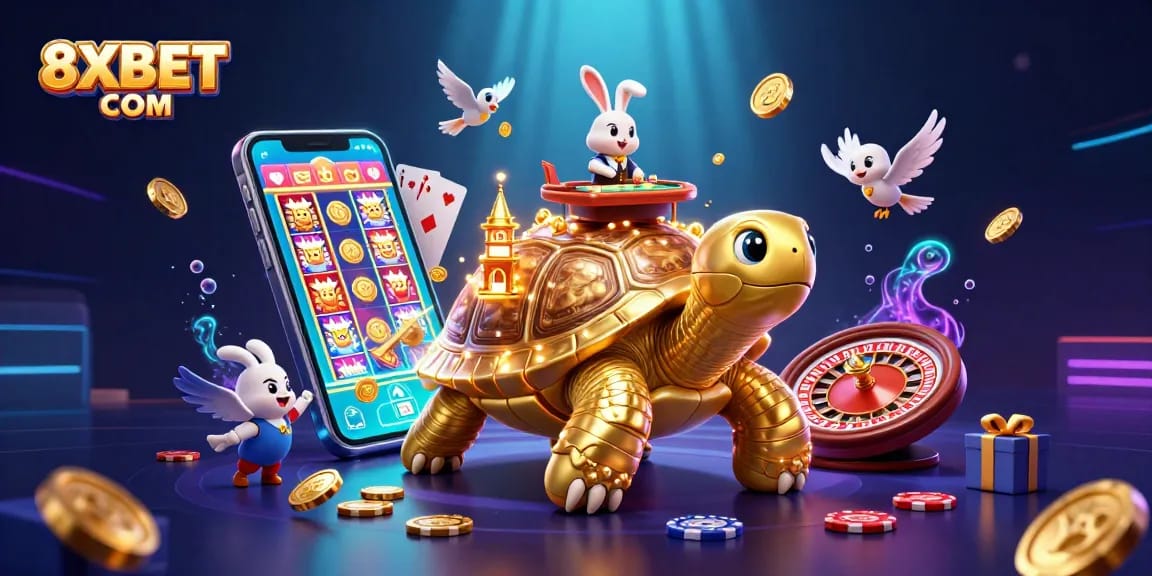 Play exciting games at 8XBET COM with golden tortoises, flying coins, and vibrant casino elements.