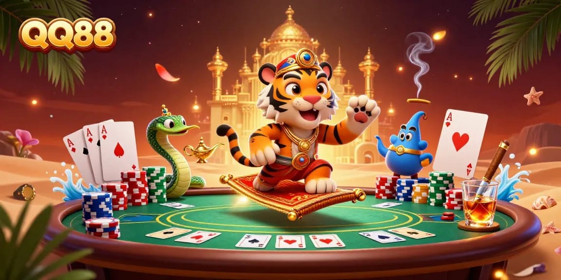Engage with QQ88’s vibrant scene featuring a tiger sultan in a poker adventure, rich in casino elements.