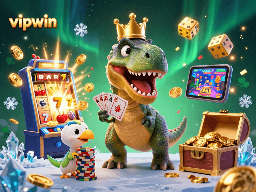 Experience thrilling gameplay at vipwin with a T-Rex shuffling cards amidst a jackpot explosion.