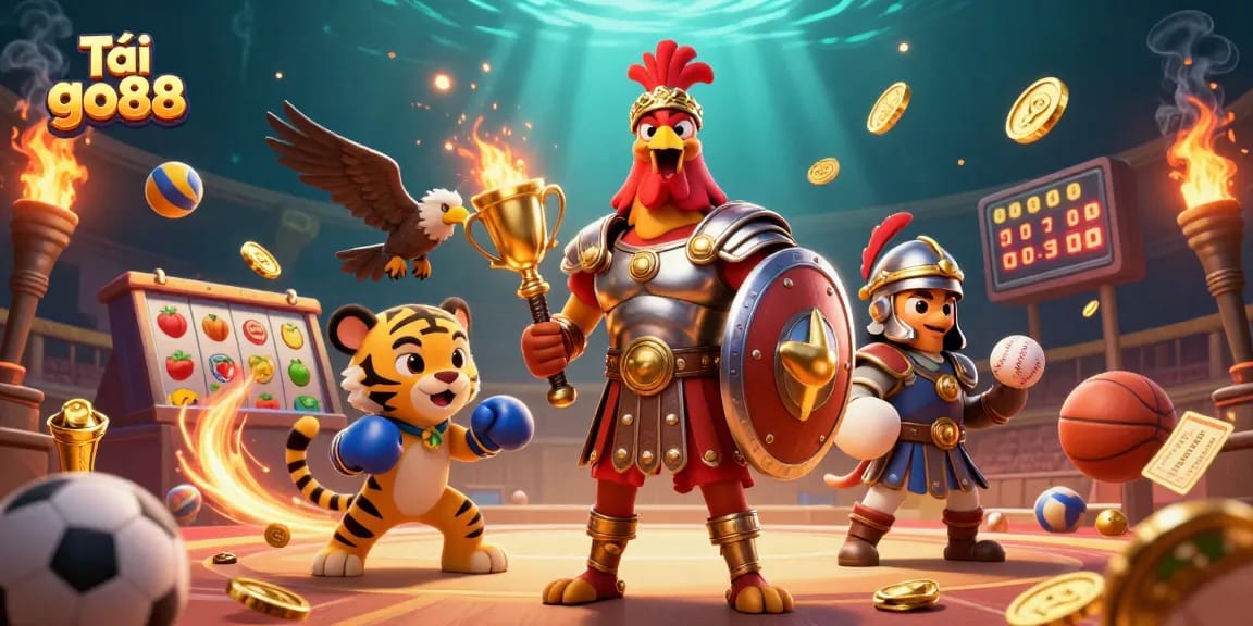 Tải go88 with a 3D gladiator rooster and casino elements like slots and sports balls, showcasing thrilling gameplay.