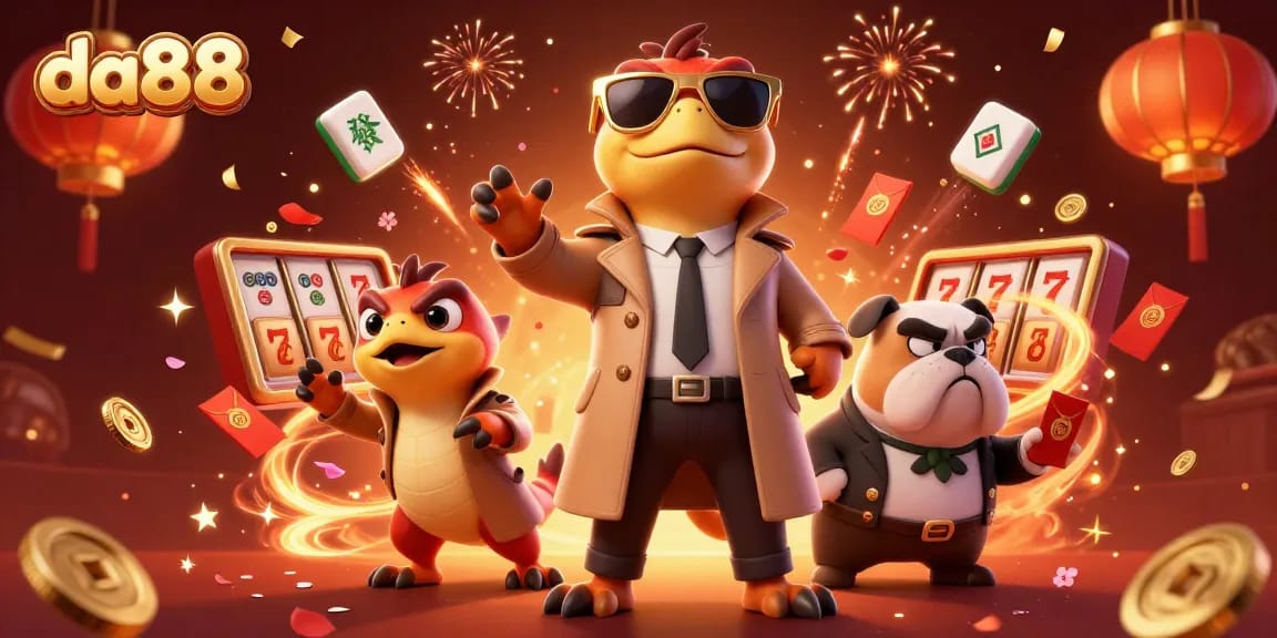 Experience fun with da88 as raptors in a trench coat comically entering a VIP casino lounge.