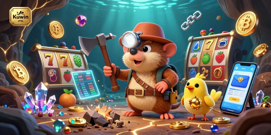 Kuwin treasure hunter mole mining for riches among glowing gems and casino symbols in an exciting 3D scene.