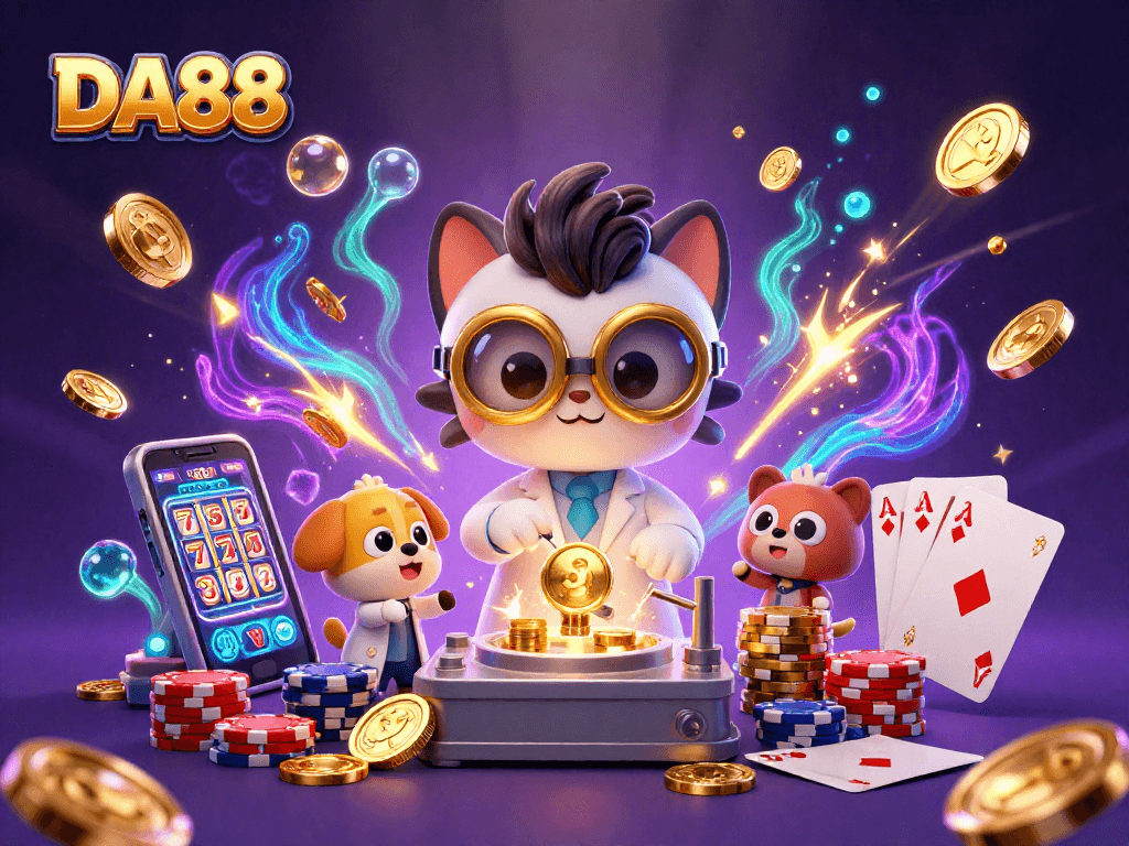 Experience DA88 gaming excitement with a mad scientist cat and assistant dog in a lively casino lab.