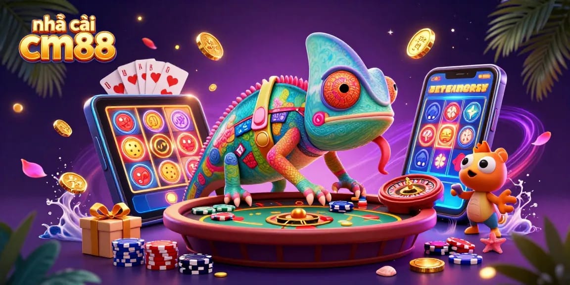Engage with nhà cái cm88's vibrant 3D cartoon casino scene featuring a chameleon and exciting gaming elements.