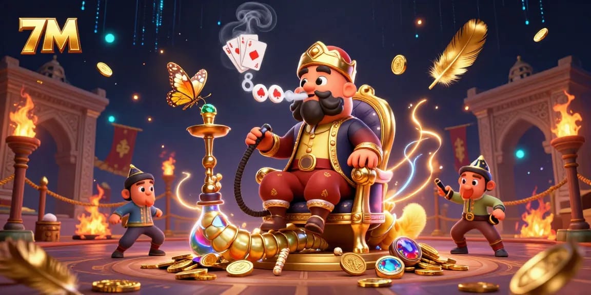Engage with 7M as a 3D cartoon illustration symbolizing an extravagant gambling atmosphere.