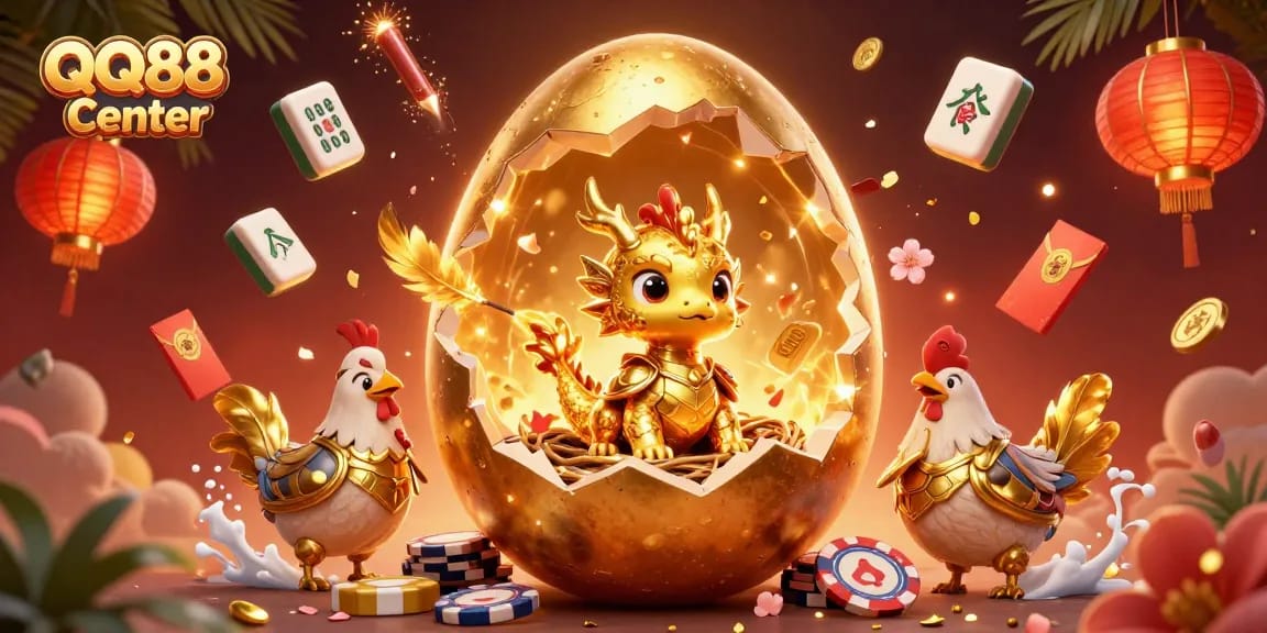 Experience the excitement at QQ88 Center with a dazzling scene of casino elements and golden characters.