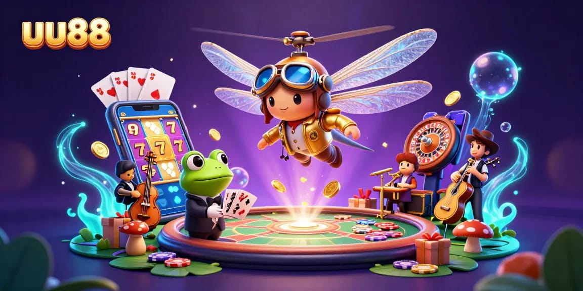 Play exciting slots at uu88 with a vibrant 3D casino scene featuring dragonfly pilot and frog croupier dealing cards.