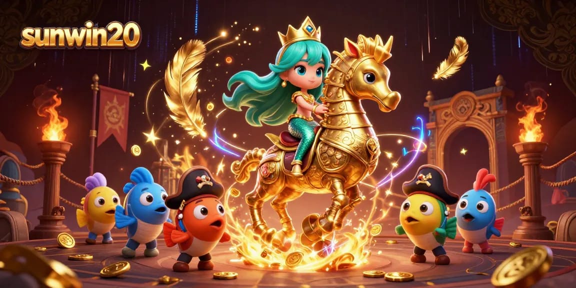 Engage with sunwin20's vibrant casino scene featuring a mermaid princess and giant seahorse in action.