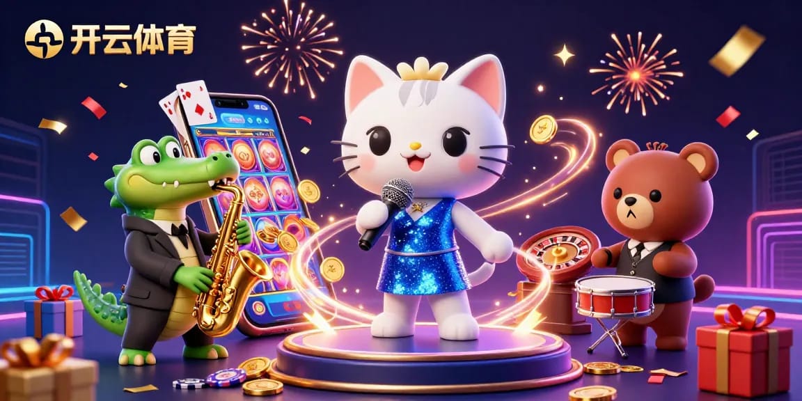 Experience exciting gaming fun with 开云体育 as a 3D jazz-singer cat performs on stage surrounded by vibrant casino elements.