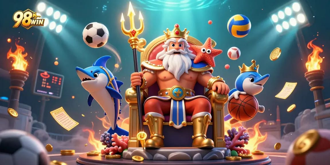 Betting on 98WIN with vibrant sports-themed illustration featuring Neptune and dynamic game elements.
