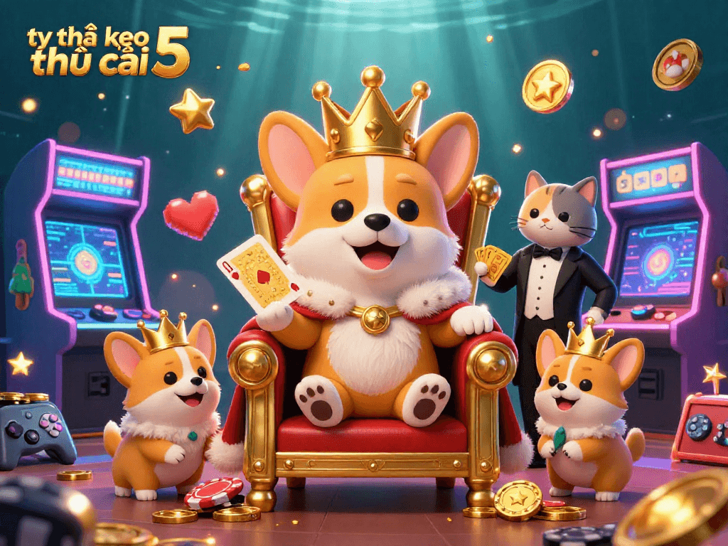 Engage with tỷ lệ kèo nhà cái 5 in a vibrant casino setting showcasing a royal corgi and a bustling gaming atmosphere.