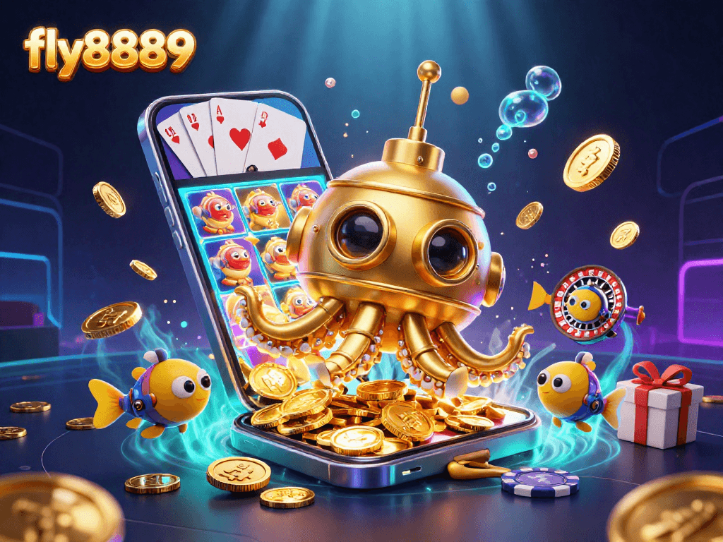 Engage with fly8889's thrilling golden kraken submarine amidst a sea of coins, featuring vibrant casino game elements.