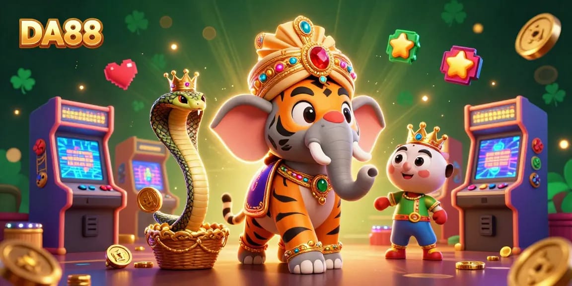 Experience thrilling gaming action with DA88 featuring a maharaja tiger, jewel elephant, and gaming elements.