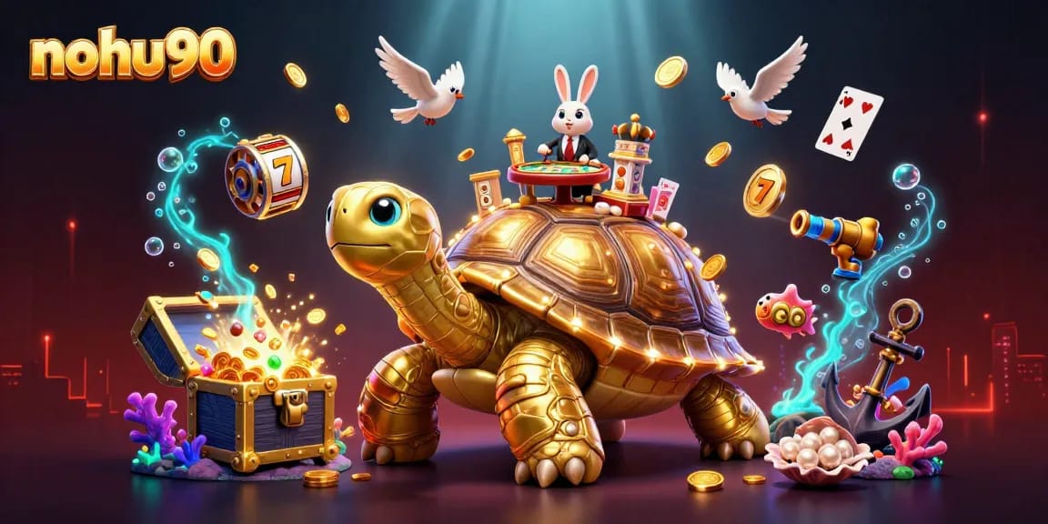 Experience nohu90 with a lively casino scene featuring a golden tortoise and playful dealers.