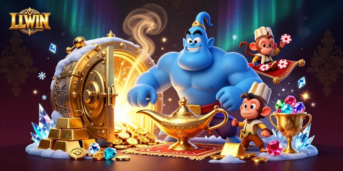 Revitalize your gaming with LLWIN's dynamic 3D casino scene featuring treasures and a genie.